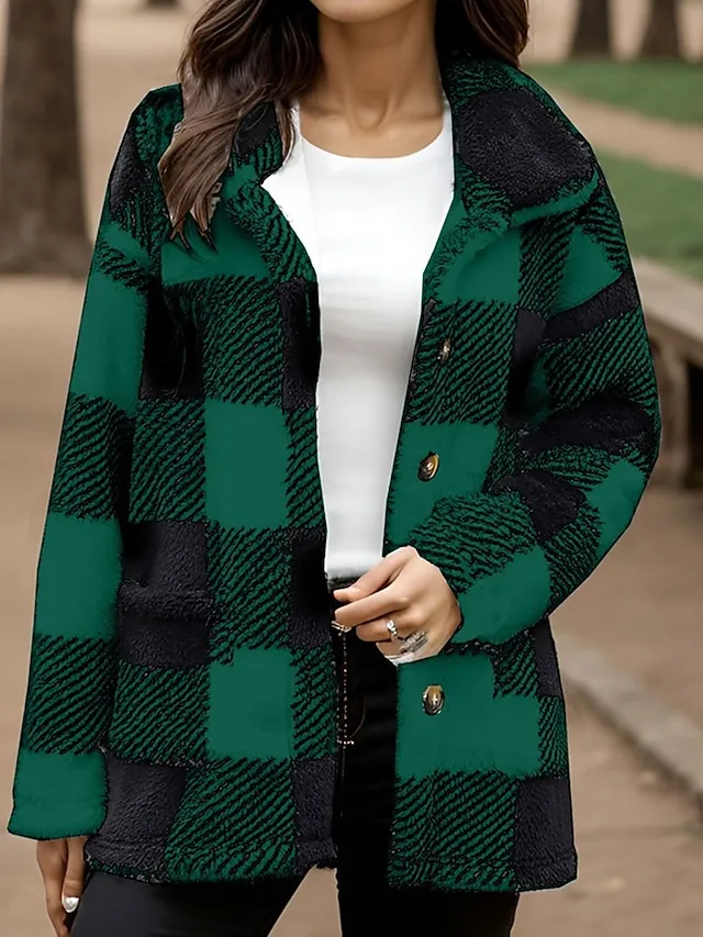 Women's Fleece Jacket Warm Sherpa Jacket with Pocket Plaid Teddy Coat Turndown Plush Casual Street Outerwear Long Sleeve Fall Winter Black