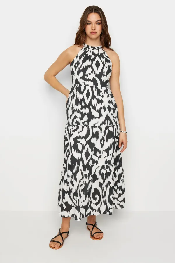 LTS Tall Black & White Cotton Abstract Print Halterneck Dress