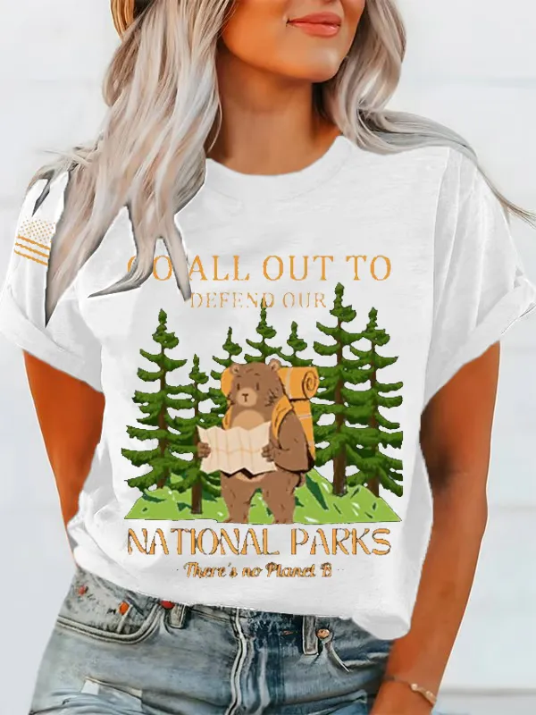 T-Shirt Women Protect Our National Parks Print Crewneck T-Shirt Cartoon Art Print