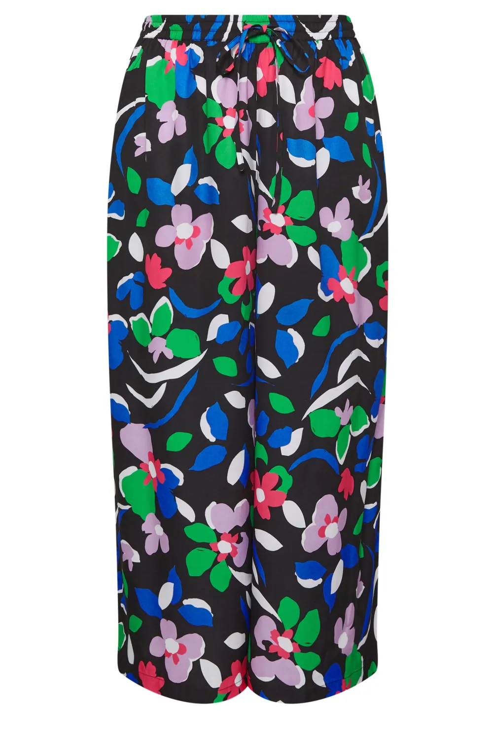 Yours Curve Black Leaf Print Drawstring Wide Leg Trousers