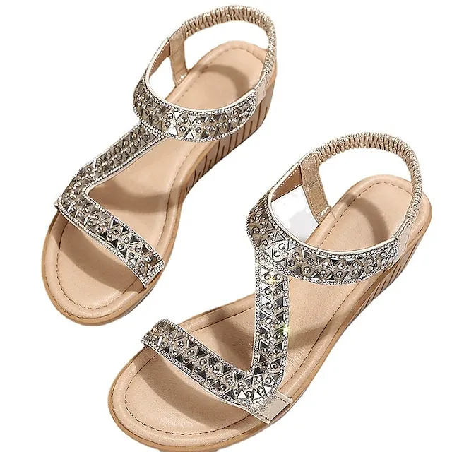 Women's Sandals Boho Bohemia Beach Plus Size Sparkly Sandals Daily Beach Walking Summer Sparkling Glitter Platform Open Toe Elegant Casual Minimalism Faux Leather Elastic Band Solid Color Silver Black