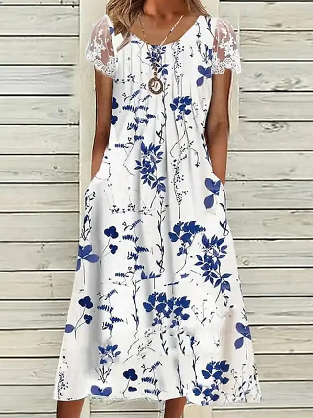 Women's Casual Dress Midi Dress White Short Sleeve Floral Ruched Dress