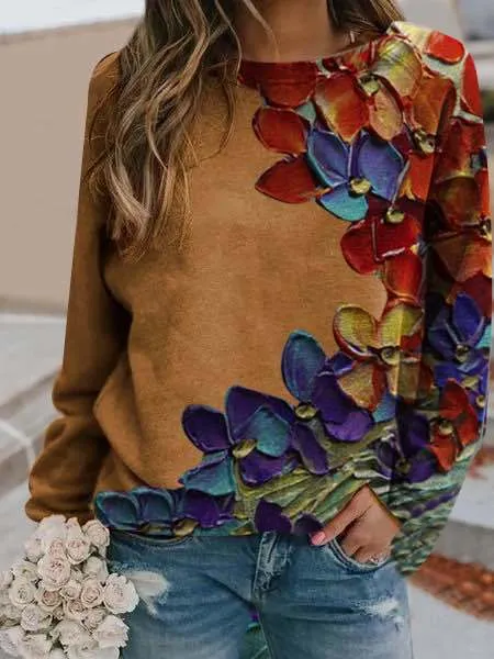 Crew Neck Floral Casual Sweatshirt