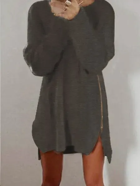 Women Fluffy Zipper Long Sleeve Casual Plus Size Sweater Dress