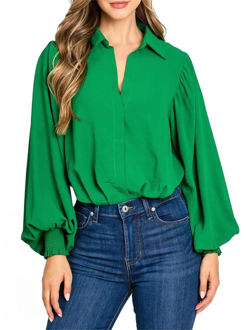 Emerald Green Puff - Sleeve Blouse