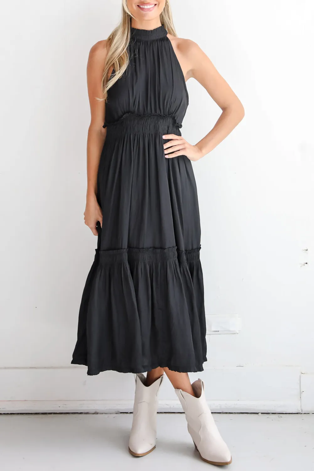 Lovely Intuition Black Satin Midi Dress