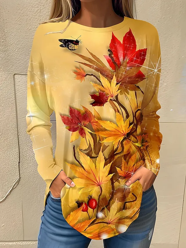 Women's T shirt Tee White Pink Red Floral Print Long Sleeve Holiday Weekend Basic Round Neck Regular Fit Floral Painting Fall & Winter