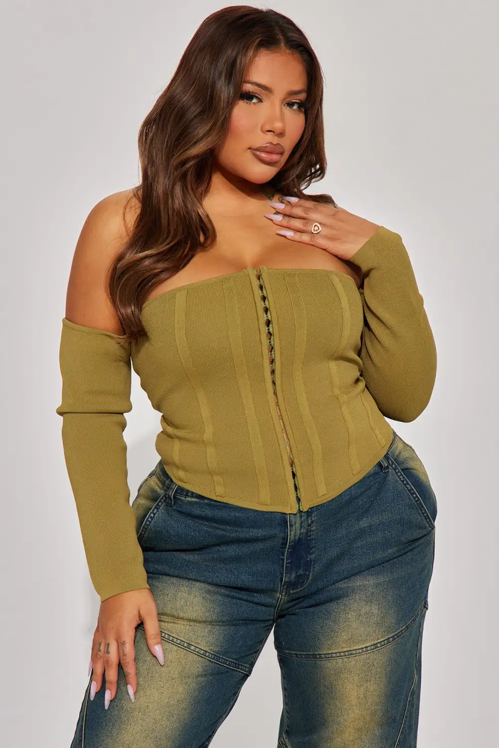 Cutting Edge Off The Shoulder Corset Top - Olive