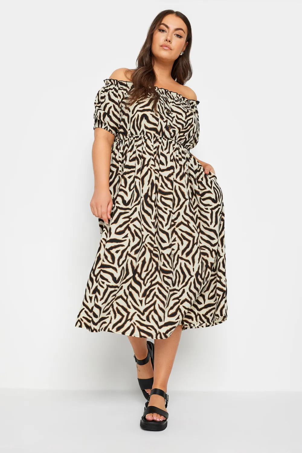 YOURS Curve Beige Brown Animal Print Bardot Midi Dress