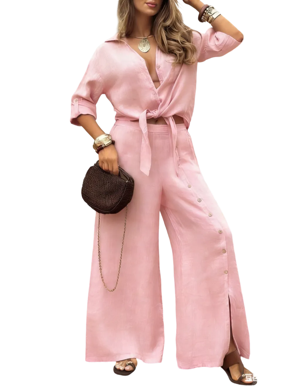 🔥 Women's Loose-Fit Long Sleeve Shirt & Wide Leg Pants Set