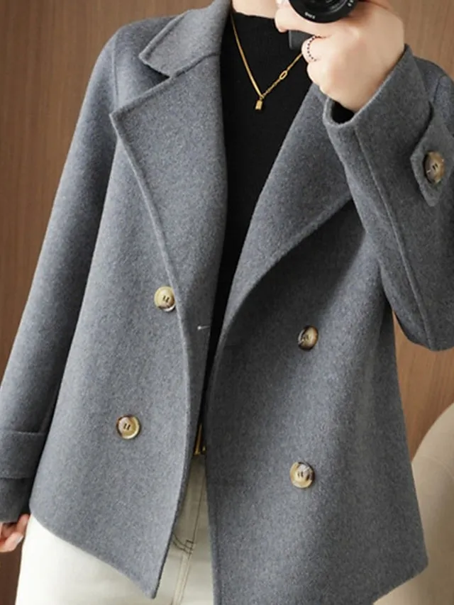 Women's Winter Blazer Coat Fall Double Breasted Lapel Jacket Wool Blend Short Coat with Pockets Warm Black White Camel