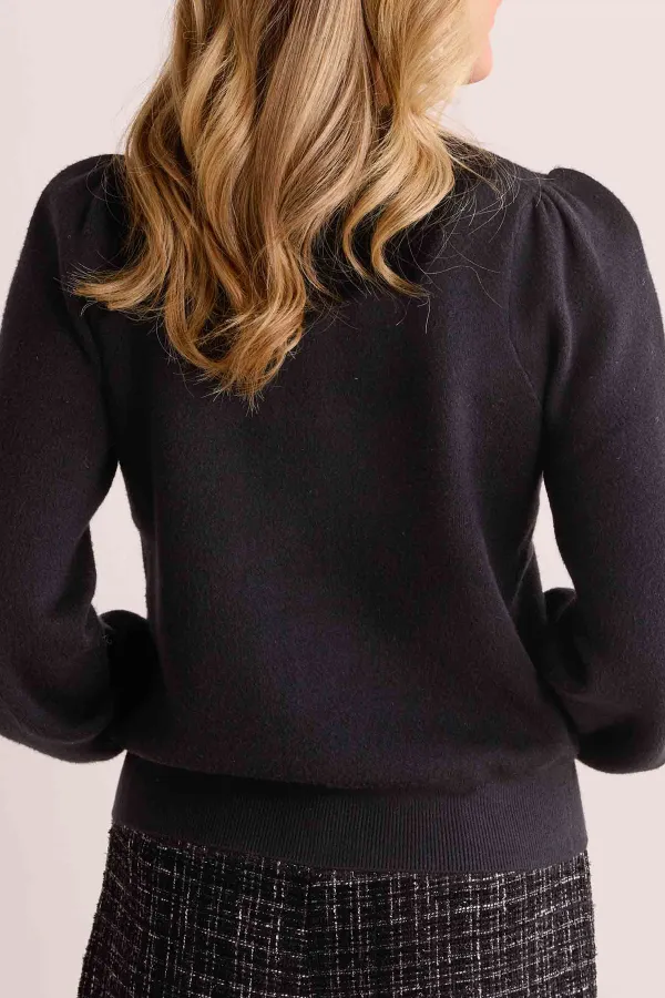 Black V-Neck Rhinestone Bow Knitted Cardigan