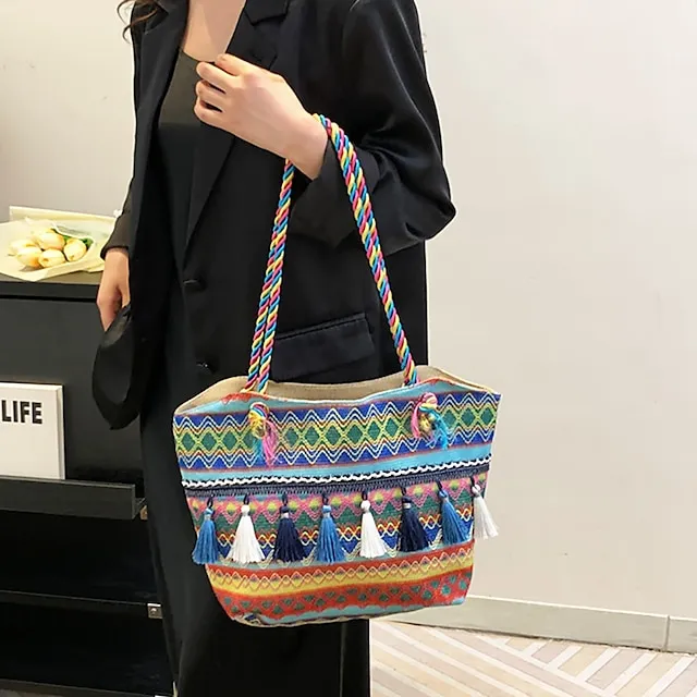 Women's Tote Shoulder Bag Hobo Bag Straw Bag Polyester Holiday Beach Tassel Zipper Large Capacity Breathable Lightweight Color Block Patchwork Folk Red Blue Orange