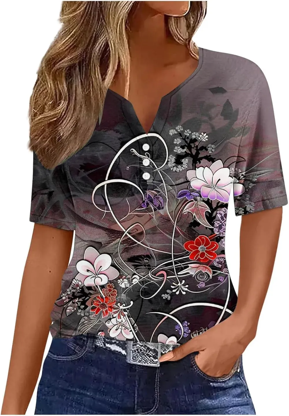 Shirts for Women Casual Printed Summer Tops Short-Sleeved Button V-Neck Tops Blouse Fashion Boho T-Shirts