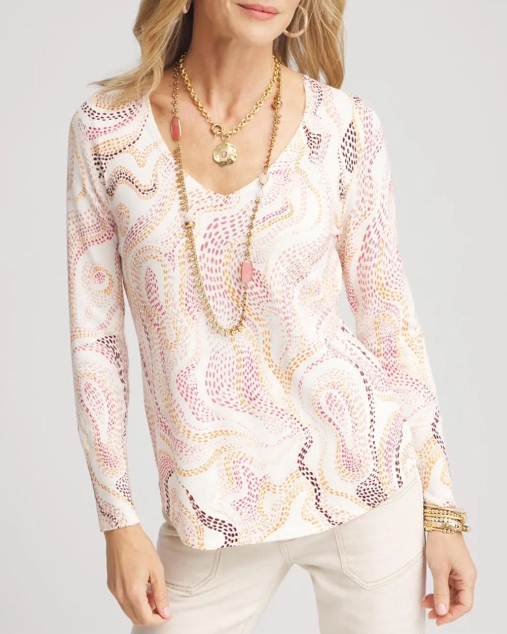 White and Pink Patterned Long Sleeve V-Neck Sweater