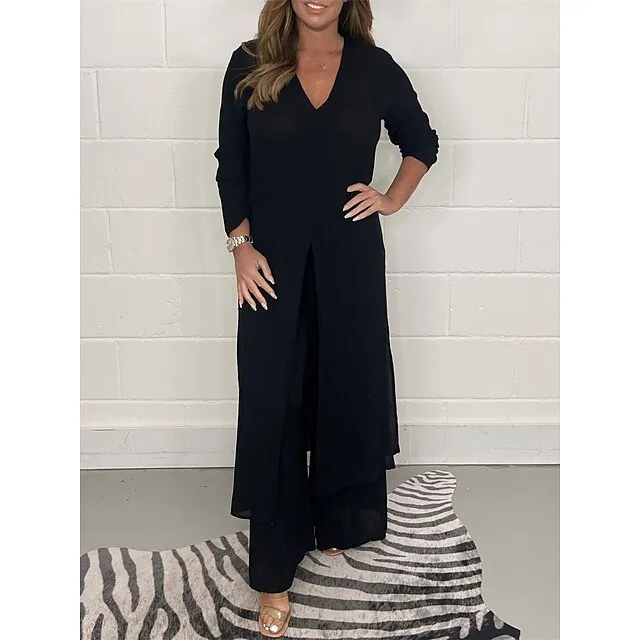 Women's Pajamas Pajama Top and Pant Sets 2 Pieces Pure Color Fashion Casual Soft Home Daily Bed Polyester Breathable V Wire Long Sleeve T shirt Tee Pant Summer Spring Black White