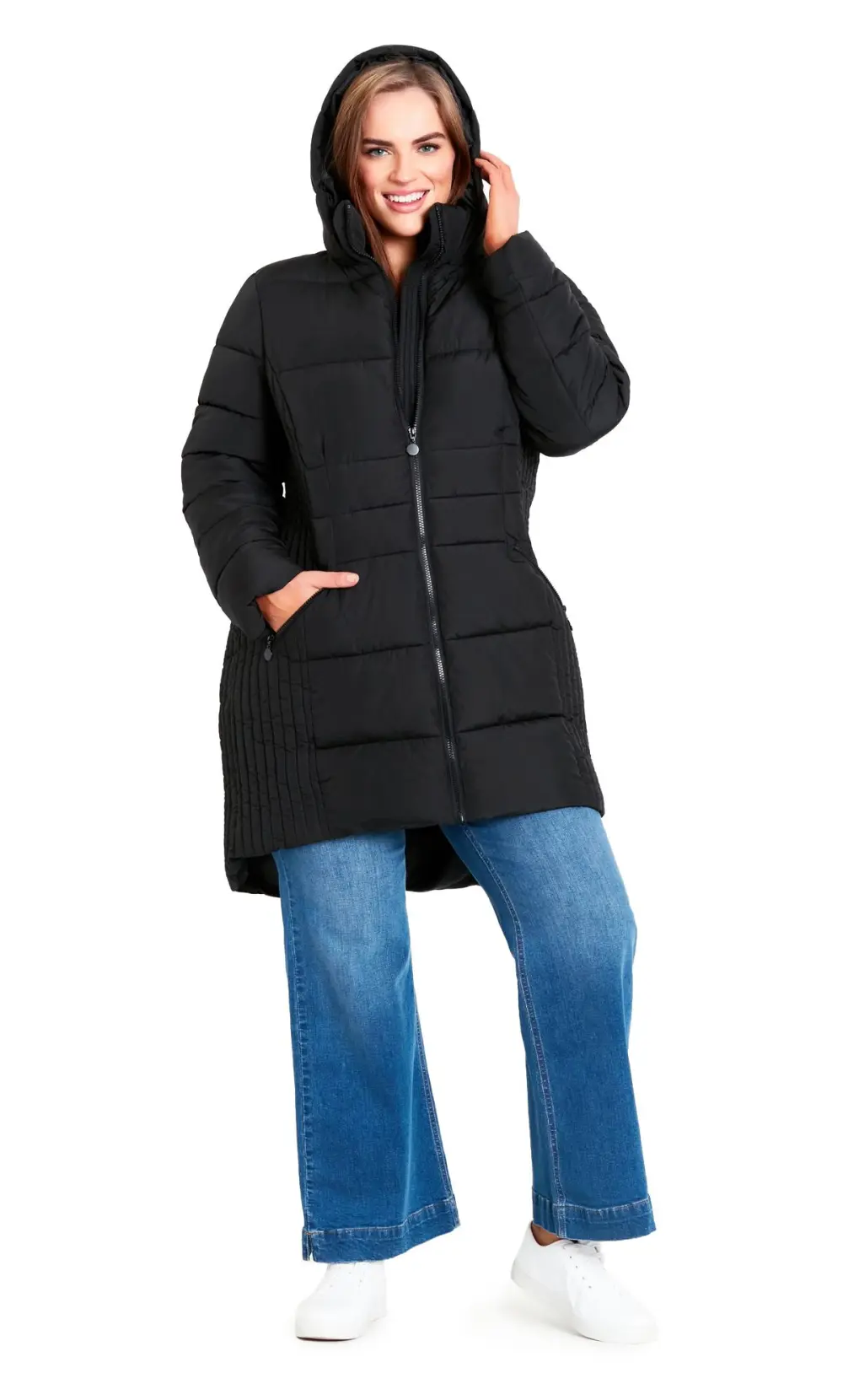 Evans Black Panelled Puffer Midi Coat
