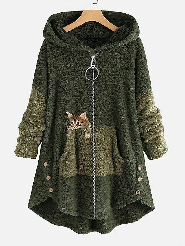 Women's Plus Size Teddy Coat Animal Casual Long Sleeve V Wire Regular Fall Winter Green Pink Dark Gray L XL XXL 3XL 4XL