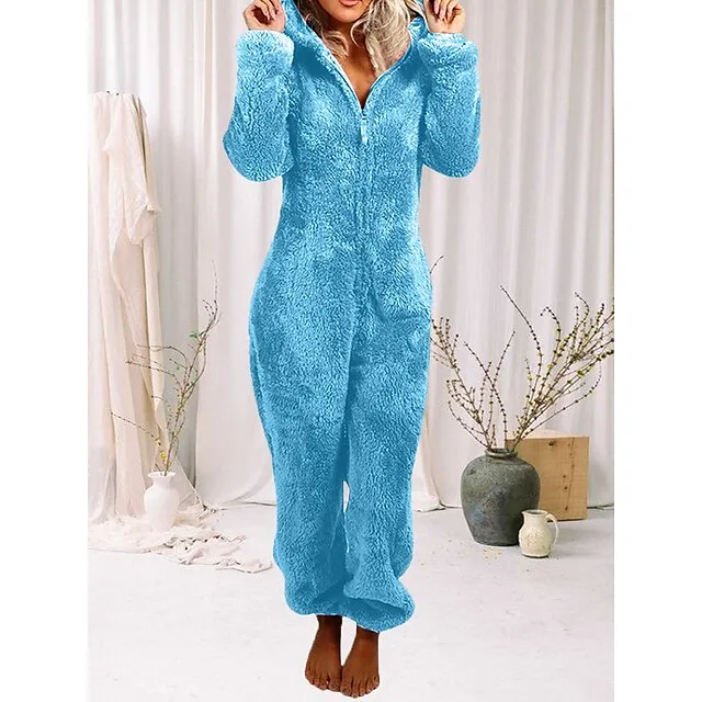 Women's Adult Onesies Onesie Pajamas Pure Color Plush Casual Comfort Home Daily Bed Polar Fleece Warm Hoodie Long Sleeve Fall Winter Light Pink claret