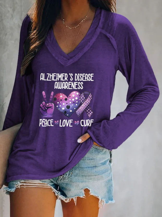 Women'S Alzheimer'S Disease Awareness Peace Love Cure V-Neck T-Shirt