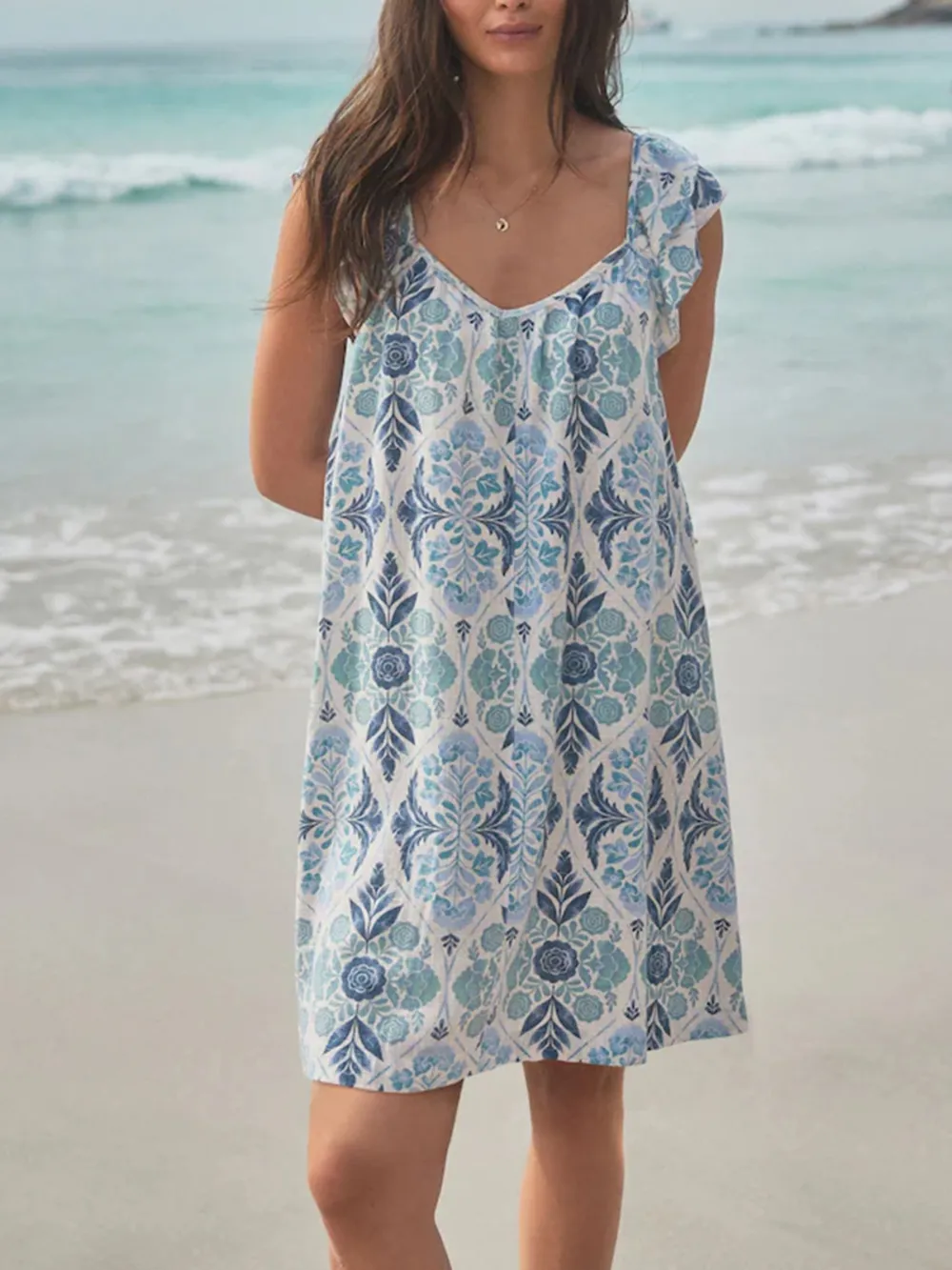 Summer Leisure Loose Blue Floral Print V-Neck Dress