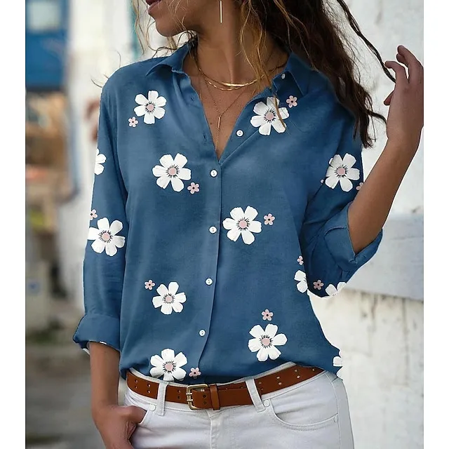 Women's Blouse Floral Floral Print Pink Blue Green Button Long Sleeve Daily Basic Shirt Collar Spring Fall Spring, Fall, Winter, Summer
