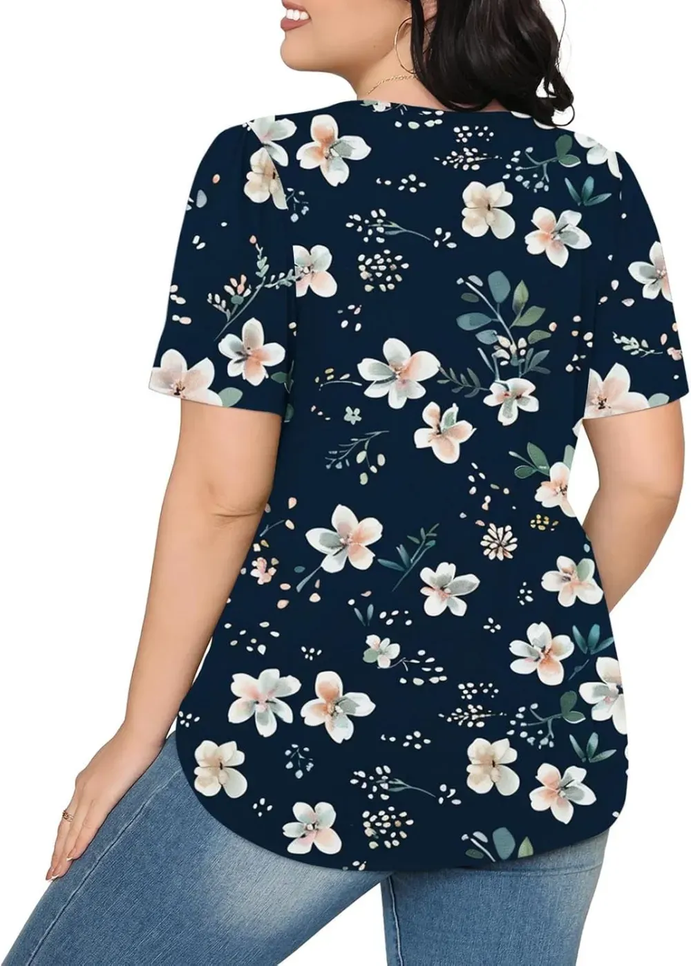 Womens Summer Pleated Front Shirts Tunics Casual Short Sleeved Loose Round Neck Boho Printed Tops Vacation Blouse