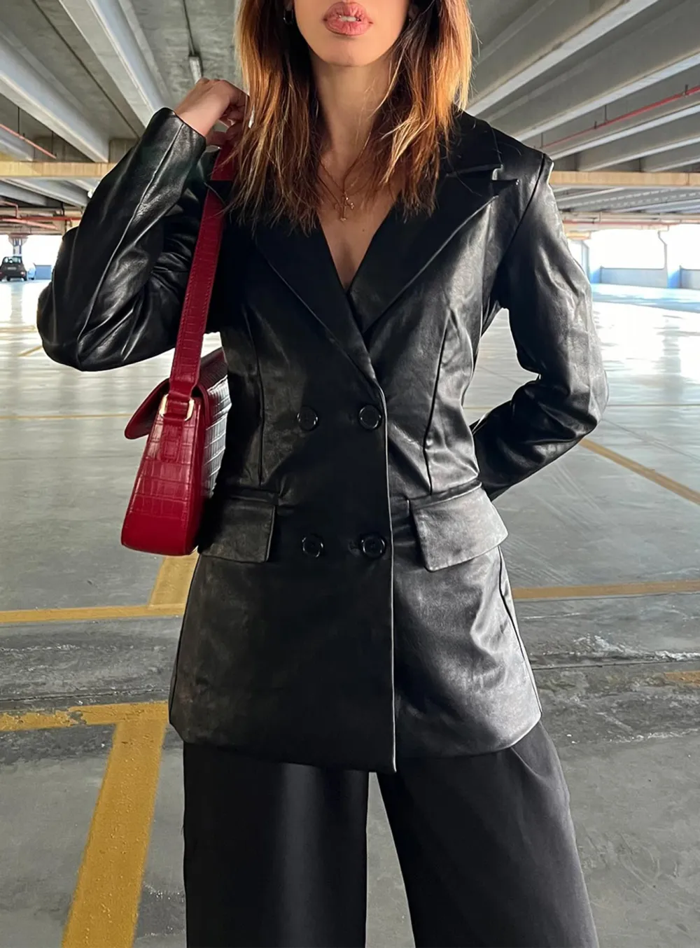 Black Double Breasted Faux Leather Blazer