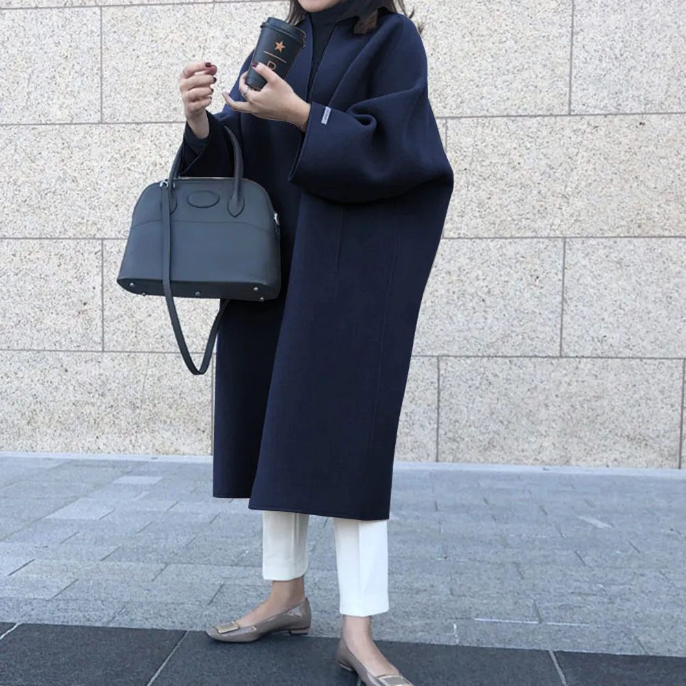 Oversized Solid Collarless Long Coat