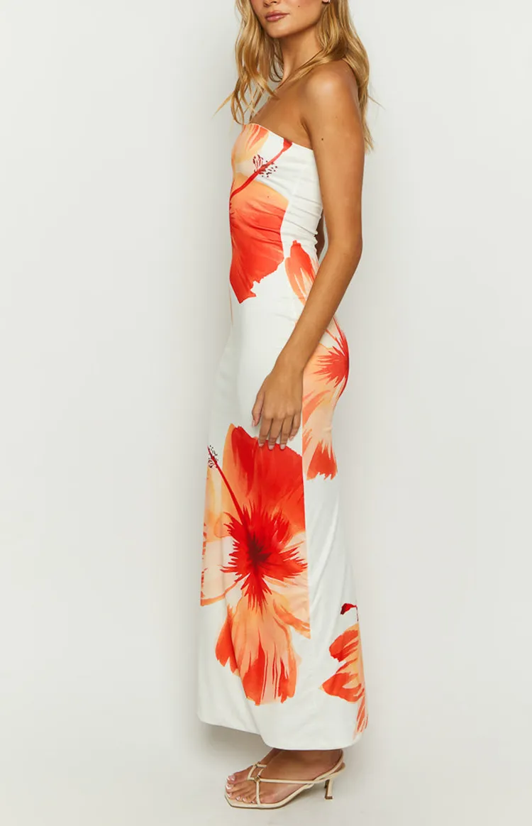 White and Orange Floral Tube Dress
