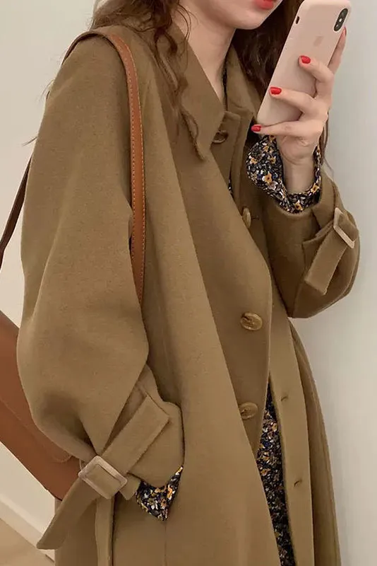 Solid Sleeve Belt Long Coat