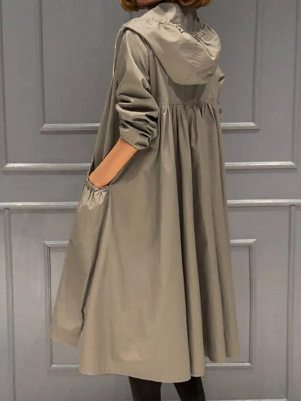 Women's Trench Coat Fall Windproof Outdoor Zipper Plain Maillard Fashion Regular Fit Outerwear Long Sleeve Black M