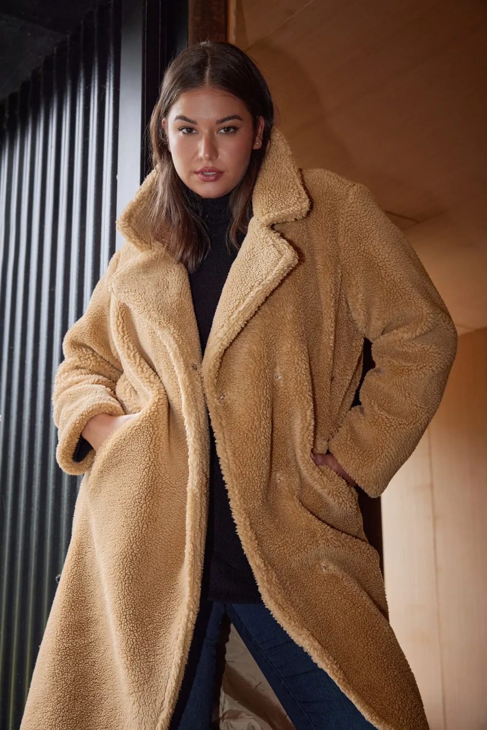 YOURS Curve Camel Brown Teddy Maxi Coat