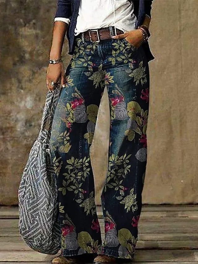 Women's Jeans Bootcut Wide Leg Full Length Faux Denim Wide Leg Print Micro-elastic Mid Waist Fashion Casual Weekend flower number 6 flower number 18 S M
