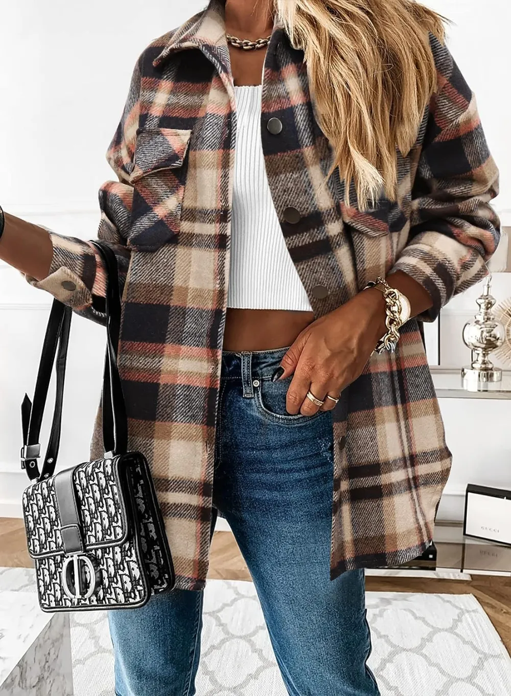 Women's Flannel Plaid Shacket Long Sleeve Button Down Chest Pocketed Shirts Jacket Coats