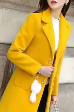 Solid Front Pockets Mid Length Lapel Coat