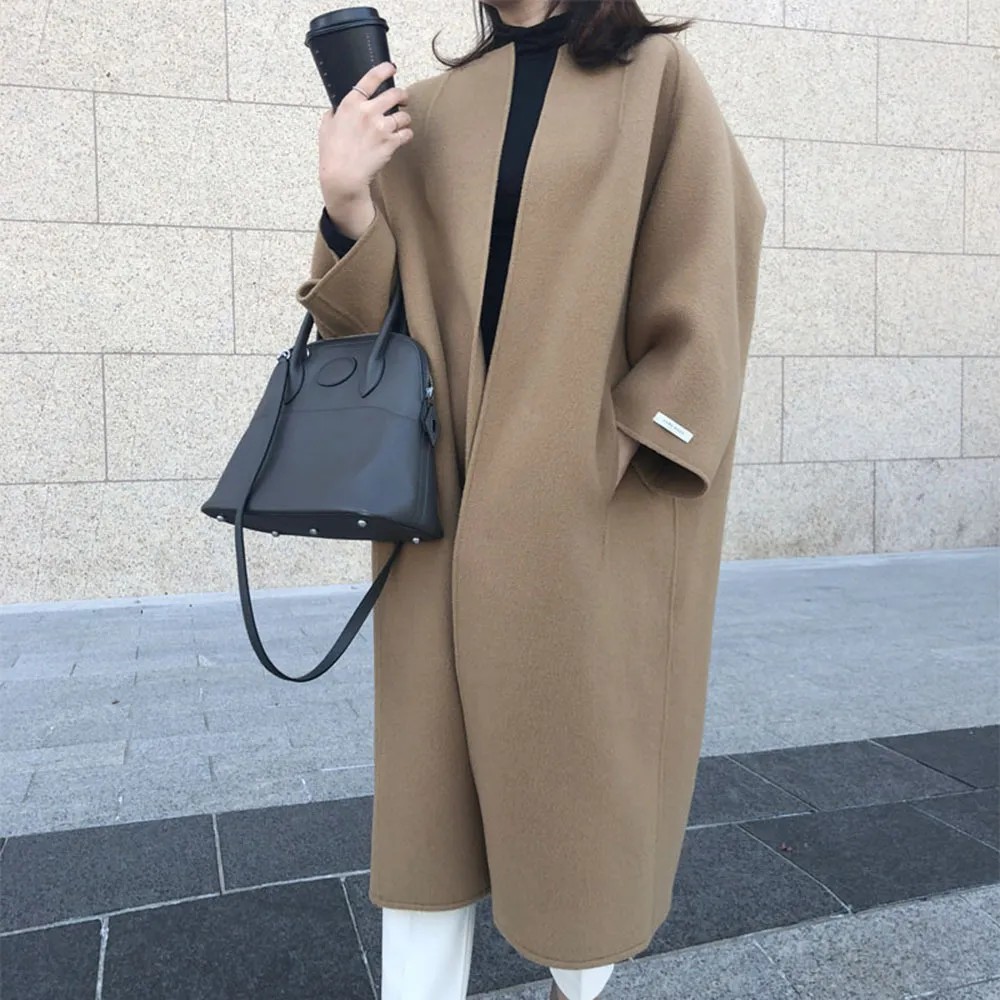 Oversized Solid Collarless Long Coat