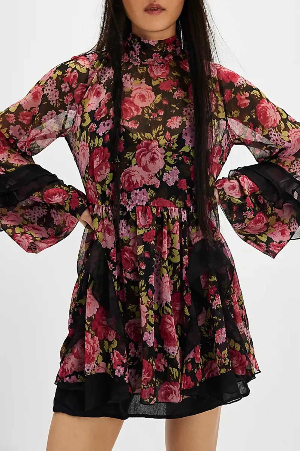 High Neck Lantern Sleeve Floral Mini Dress