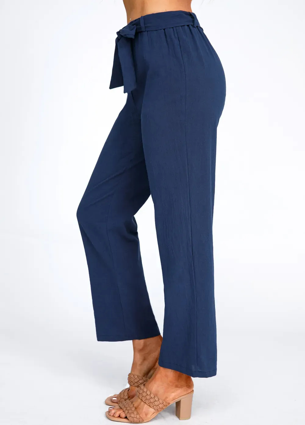 Navy Bowknot Belted High Waisted Pants