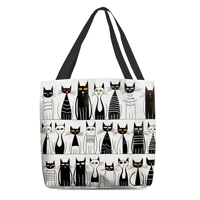 Women's Tote Shoulder Bag Canvas Tote Bag Customize Polyester Shopping Holiday Print Large Capacity Foldable Lightweight Cat Black / White Black / Red Custom Print