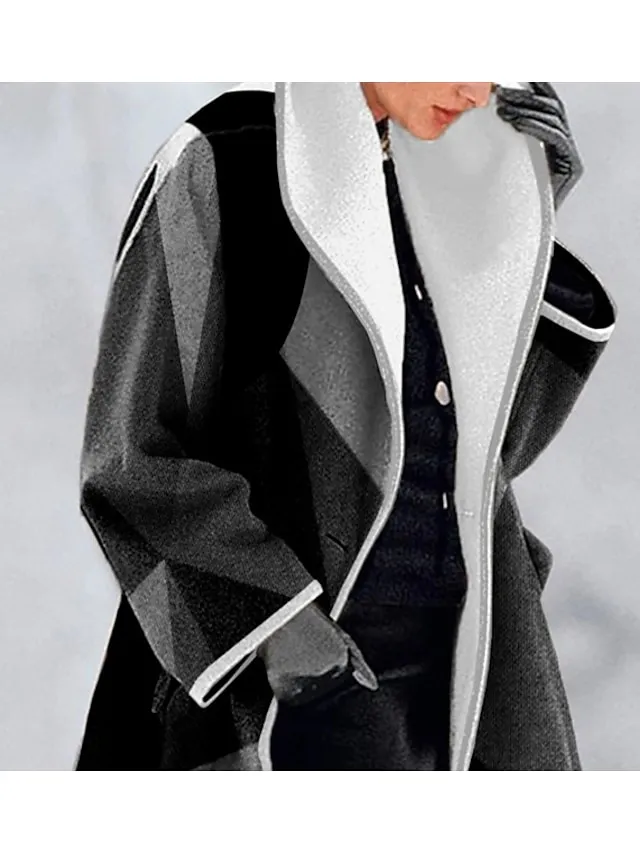 Women's Winter Coat Long Overcoat Geometric Print Pea Coat Fall Mid Length Trench Coat Windproof Warm Single Breasted Lapel Jacket