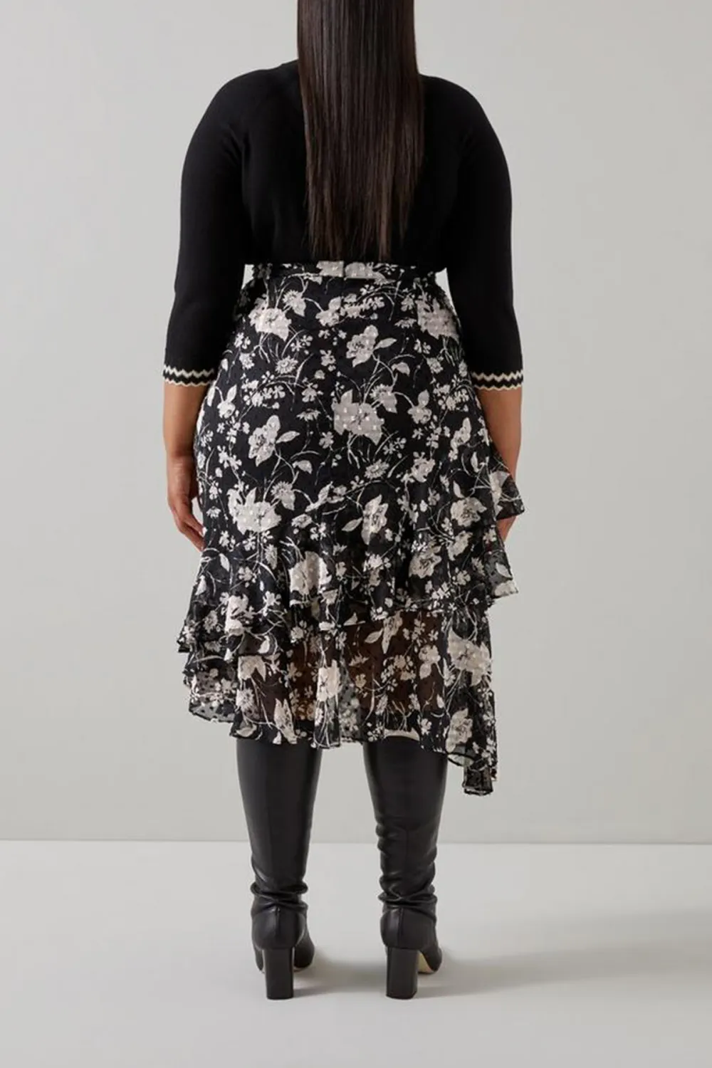 Black Cream Floral Print Tiered Midi Skirt