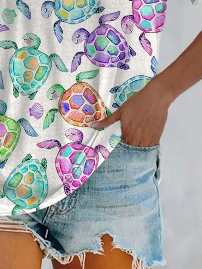 V Neck Sea Turtle Print T-shirt