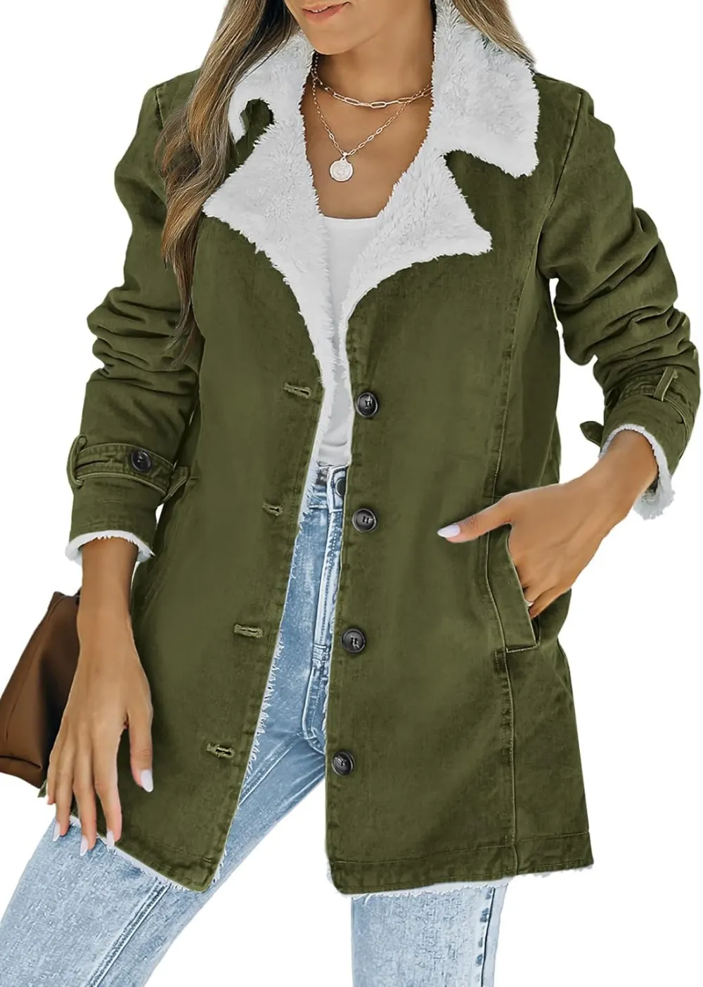 Womens Winter Warm Jean Jacket Stand Collar Wool Liner Sherpa Denim Coats Thicker Outerwear with Pockets