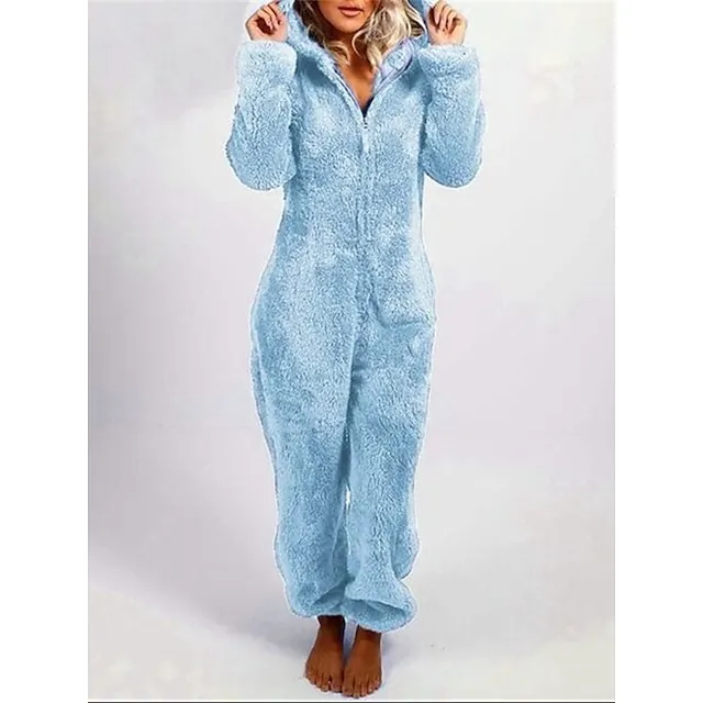 Women's Adult Onesies Onesie Pajamas Pure Color Plush Casual Comfort Home Daily Bed Polar Fleece Warm Hoodie Long Sleeve Fall Winter Light Pink claret