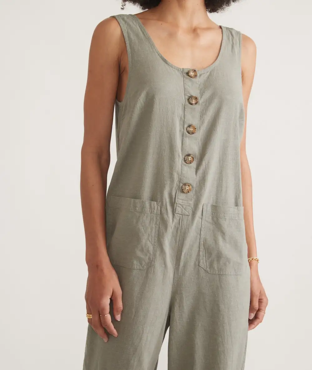 Button-Front Sleeveless Linen Jumpsuit