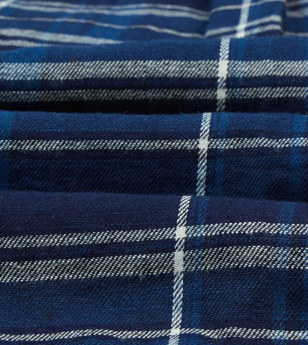 Blue Check Cotton Long Point Collar Work Shirt Casual Style