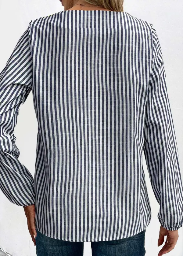 Navy Asymmetry Striped Long Sleeve Asymmetrical Neck Blouse
