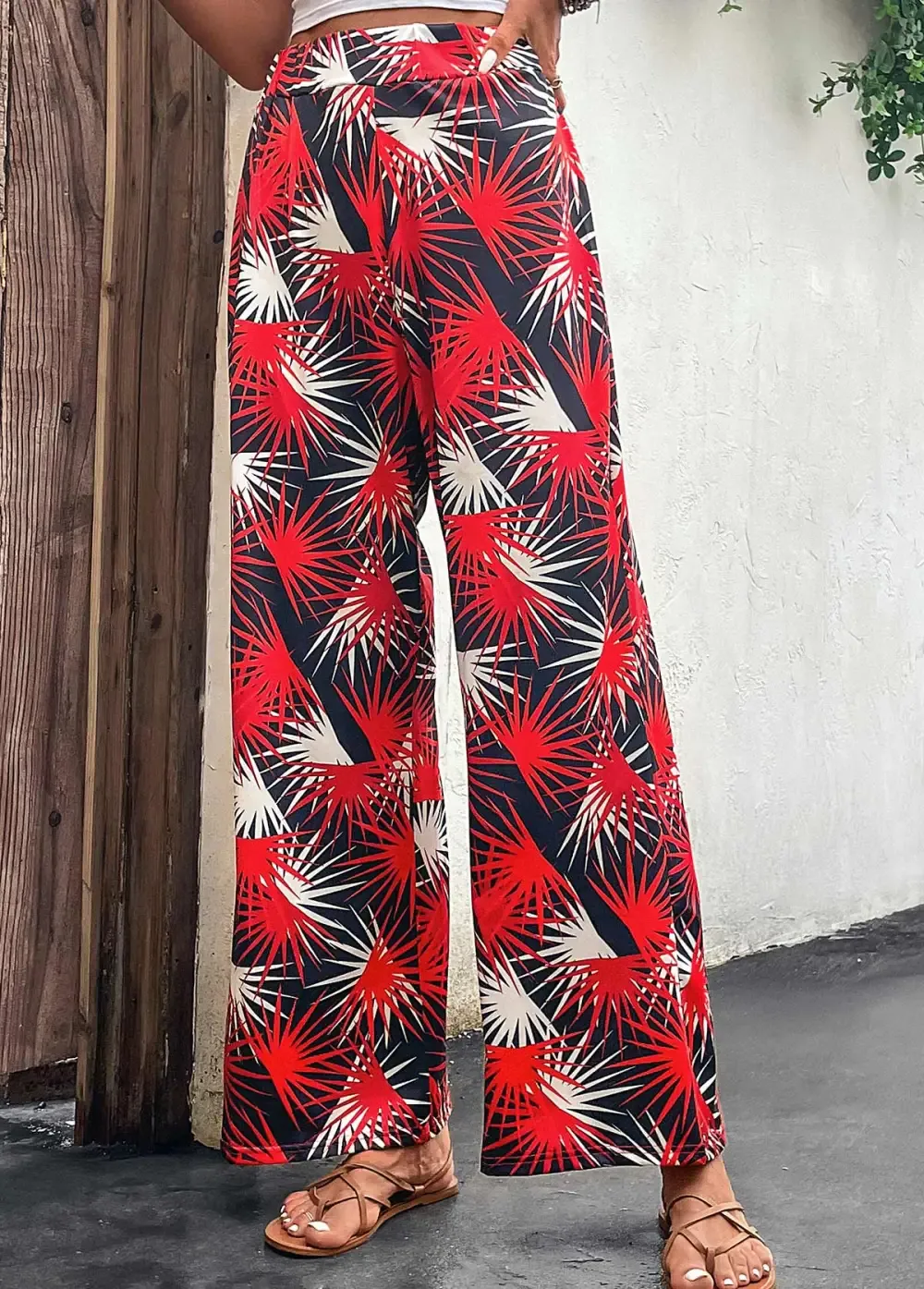 Red Lightweight Leaf Print Elastic Waist Pants