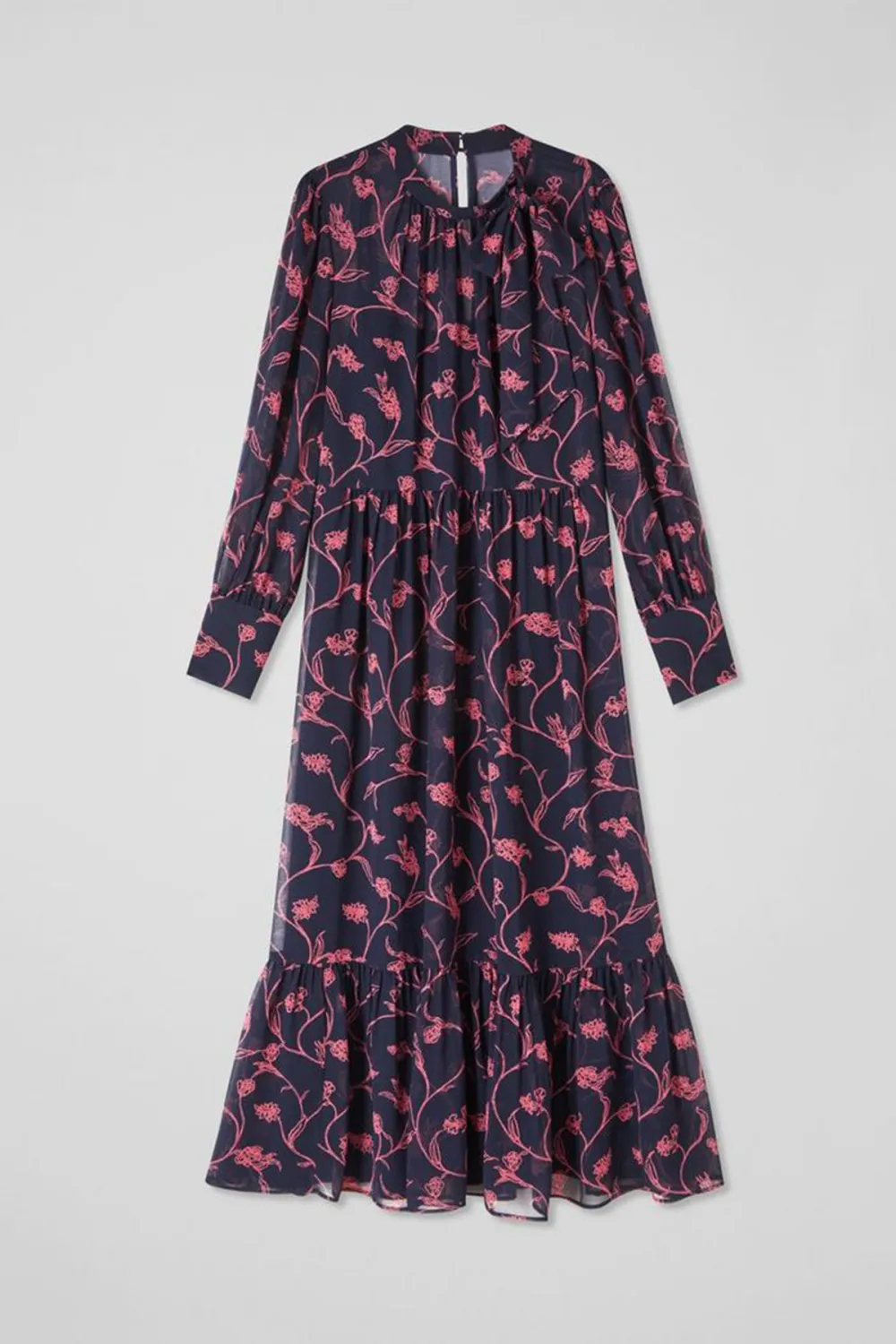 Navy Blue Floral Print Long Sleeve Midi Dress